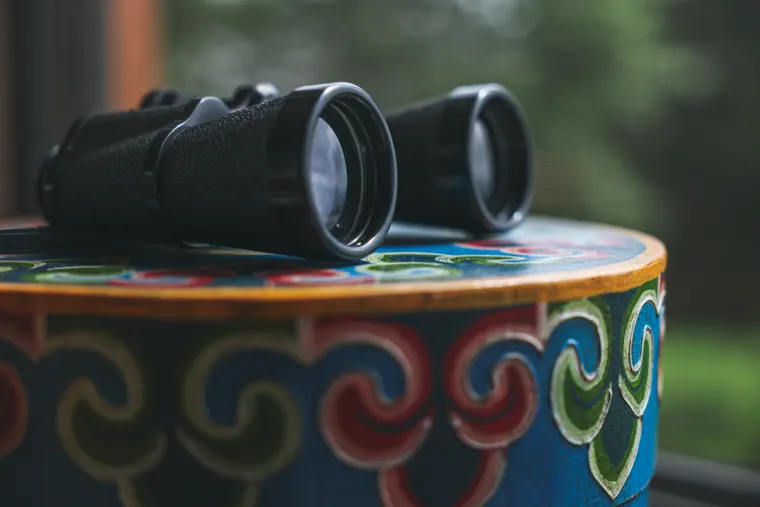Binoculars resting on a brightly painted table