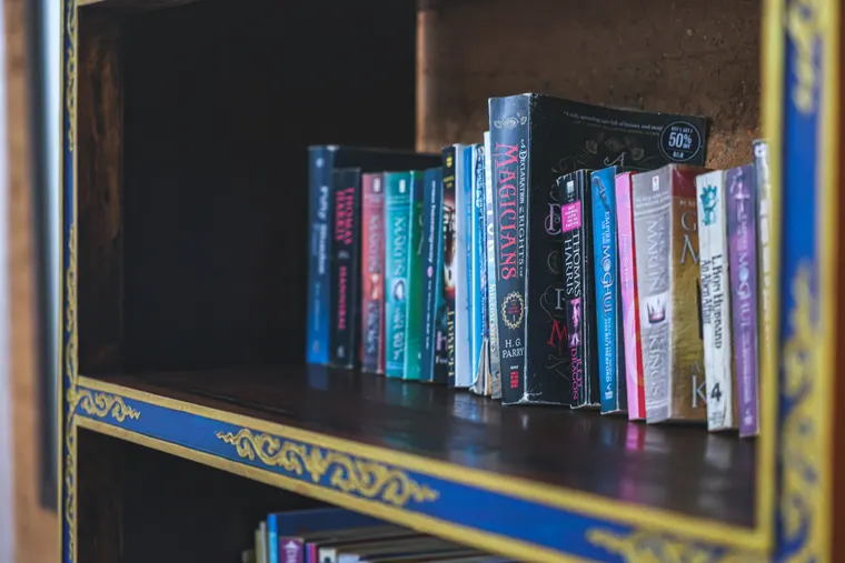 Books on a shelf with hand-painted trim