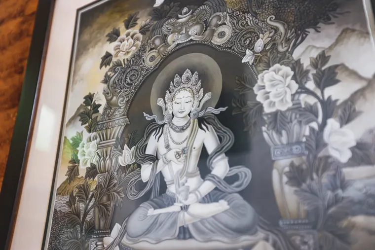 A close view of detailed monochrome religious artwork