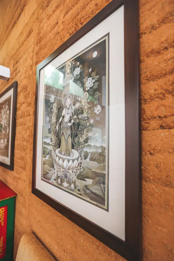 Decorative artwork and warm textures inside the villa